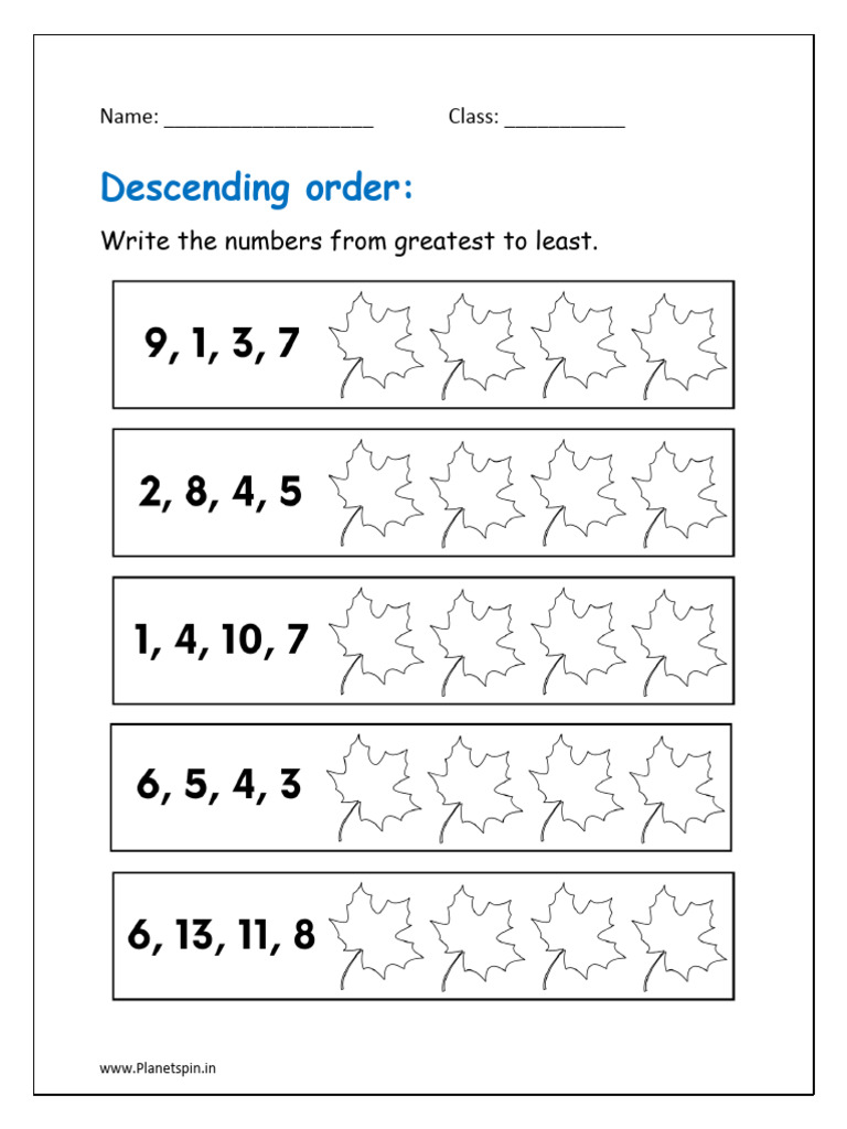 Descending Order Kindergarten Worksheet | PDF