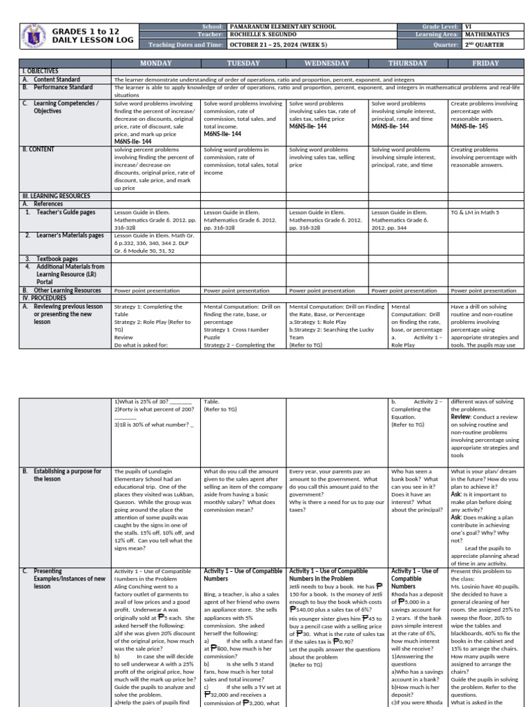 Grade 6 Math Lesson Plan: Percent Problems | PDF | Percentage | Interest