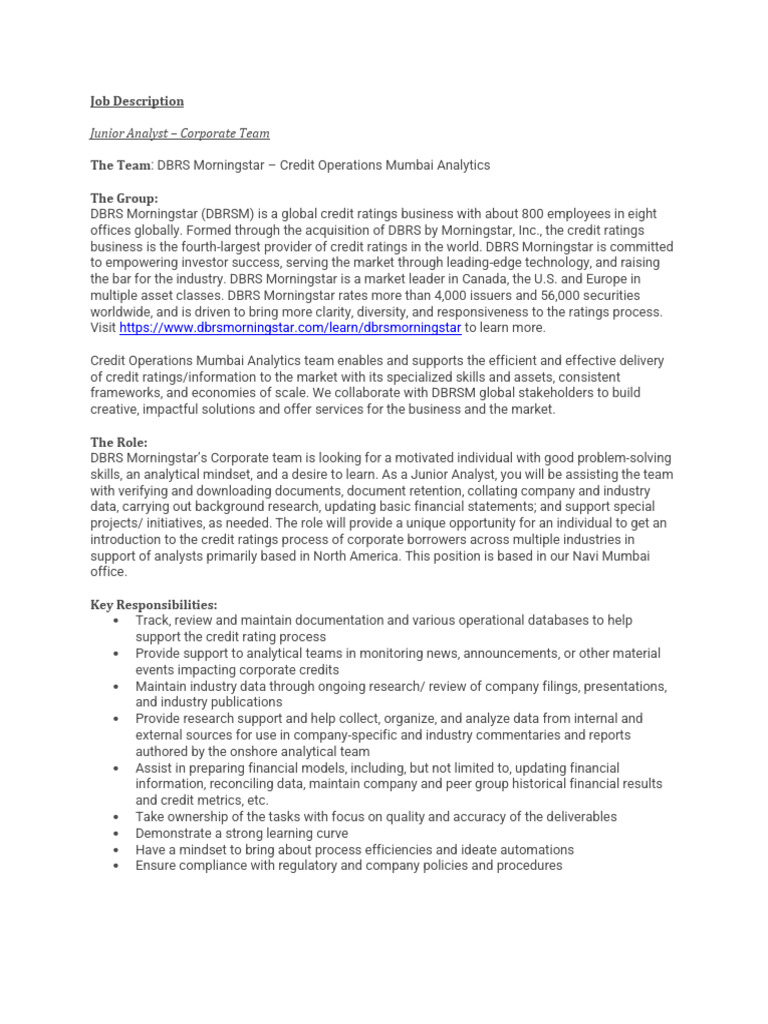 Junior Analyst, Corporate Credit - Job Description | PDF | Accounting ...