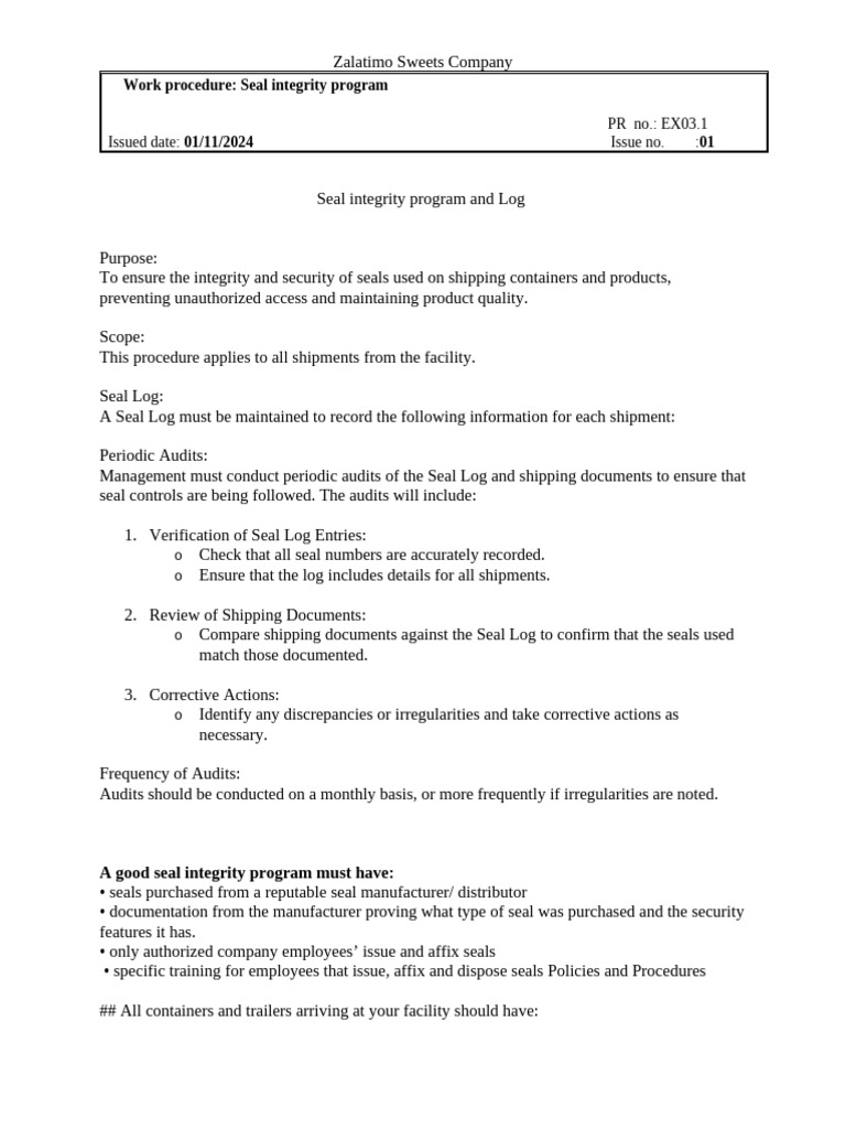 Seal Integrity Program for Shipments | PDF | Audit | Seal (Emblem)