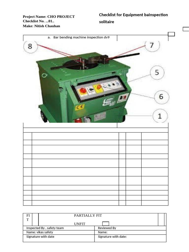 Bar Bending Machine Safety Checklist | PDF