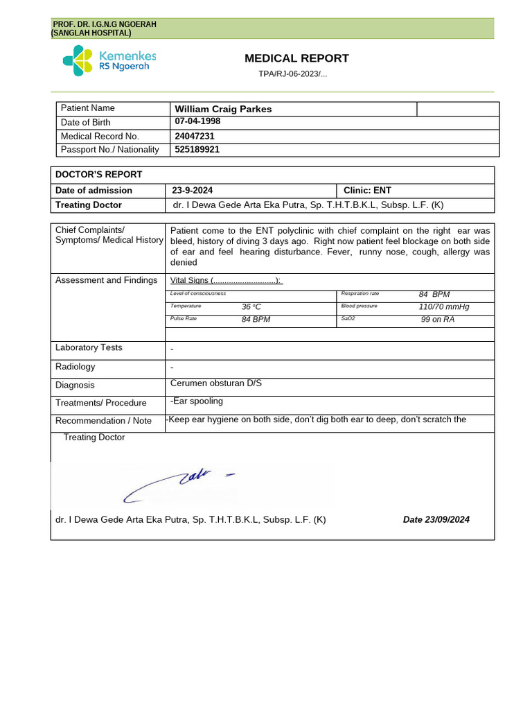 ENT Medical Report for William Parkes | PDF