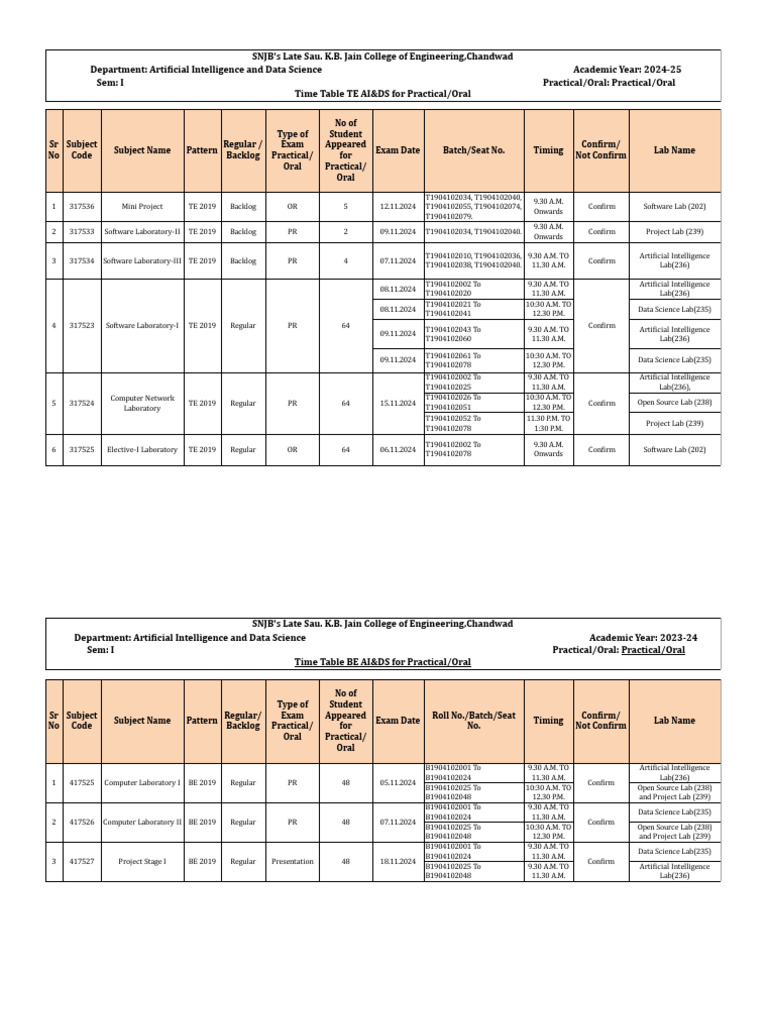 TE & BE - PR-Or - Seating Arrangement & Time - Table | PDF | Artificial ...
