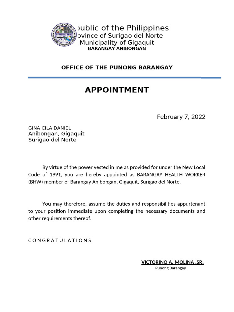 Appointment of Barangay Health Worker | PDF