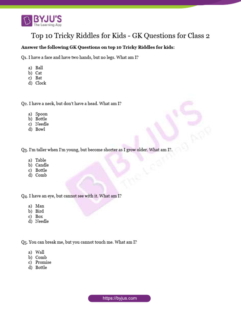 Top 10 Tricky Riddles For Kids GK Questions For Class 2 | PDF ...