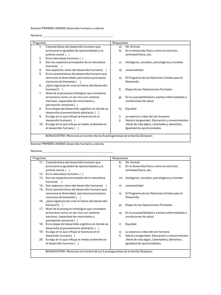 Examen Desarrollo Humano y Valores | PDF | Igualdad social | Humano