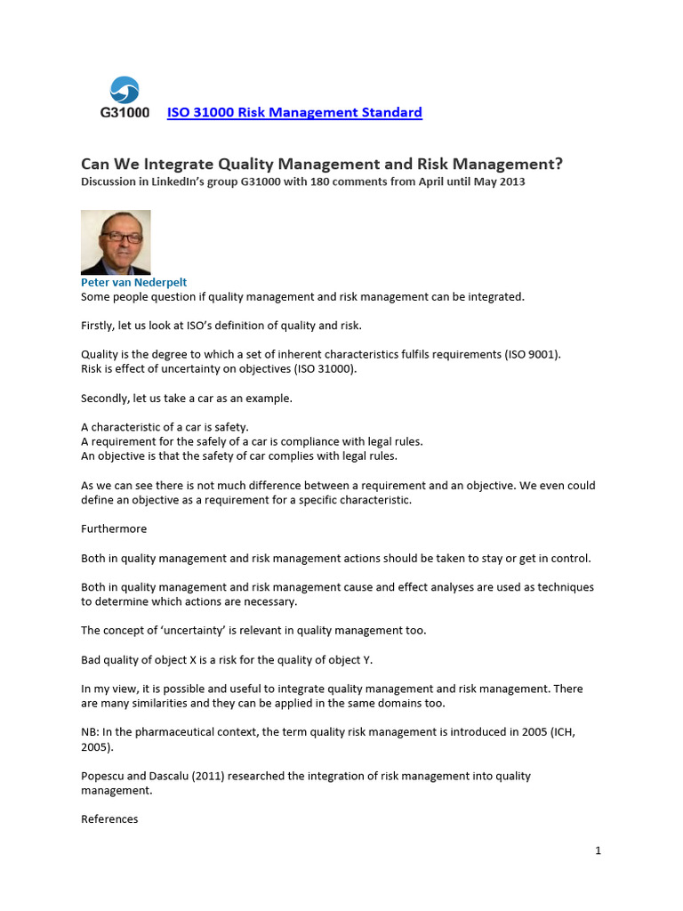 Can We Integrate Quality Management and Risk Management | PDF | Risk ...