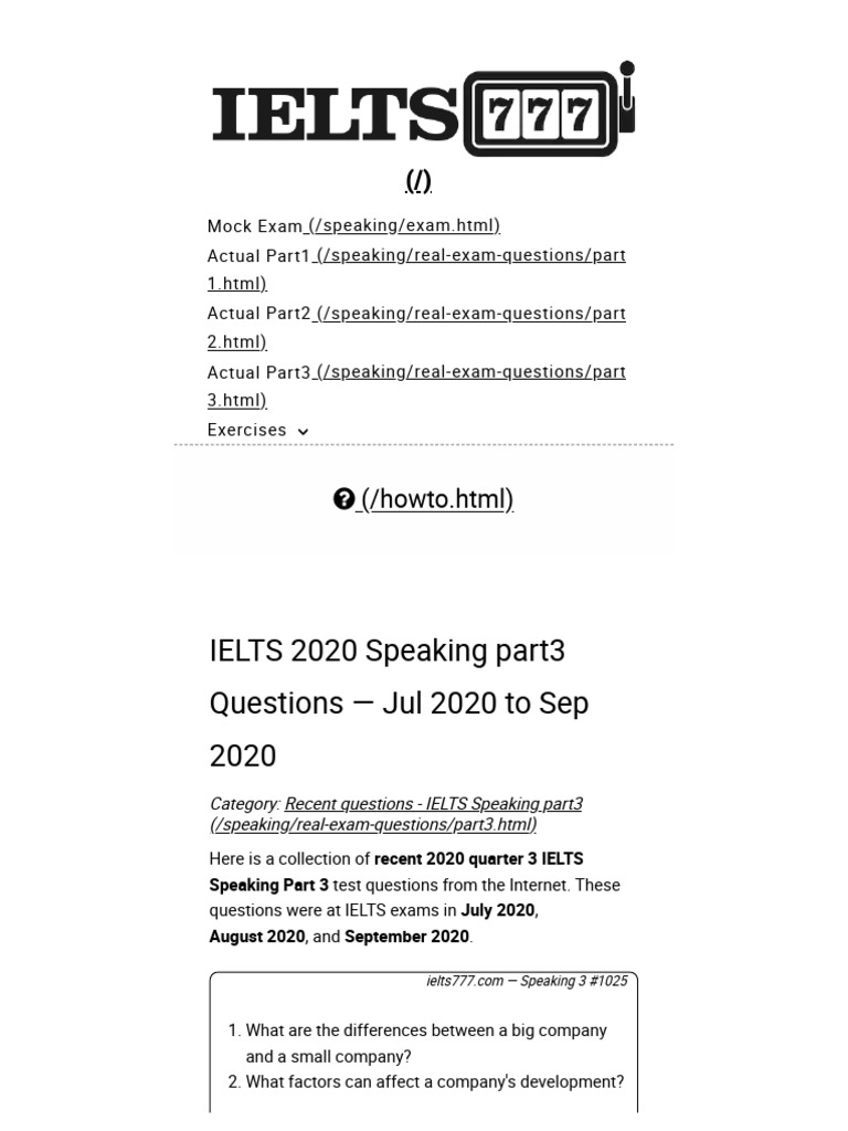 IELTS Speaking Part 3 Questions 2020 | PDF | International English ...