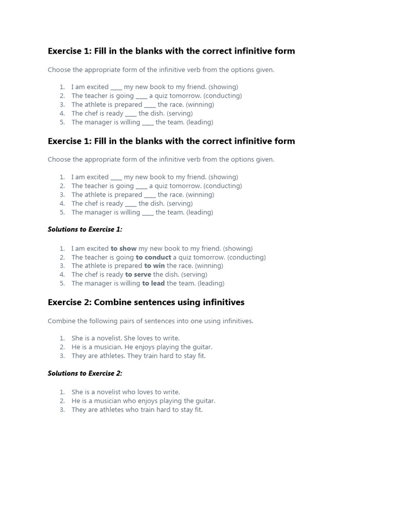 Infinitive Woeksheet With Solution | PDF
