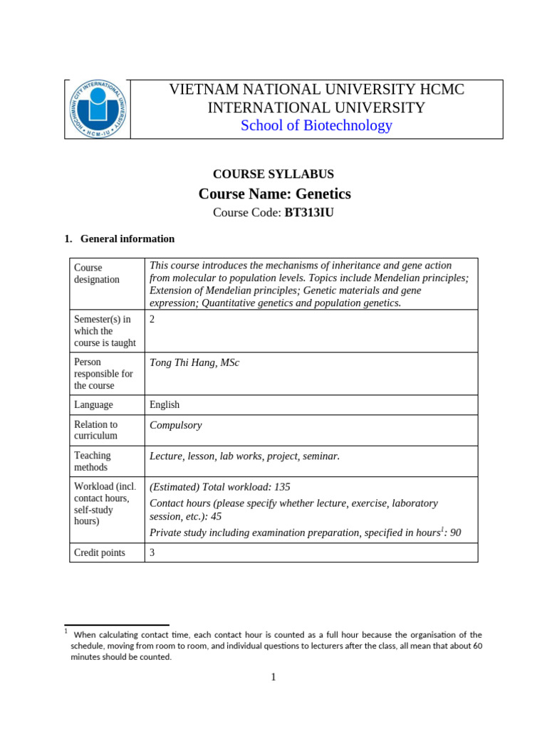 Genetics Course Syllabus Overview | PDF | Genetics | Gene