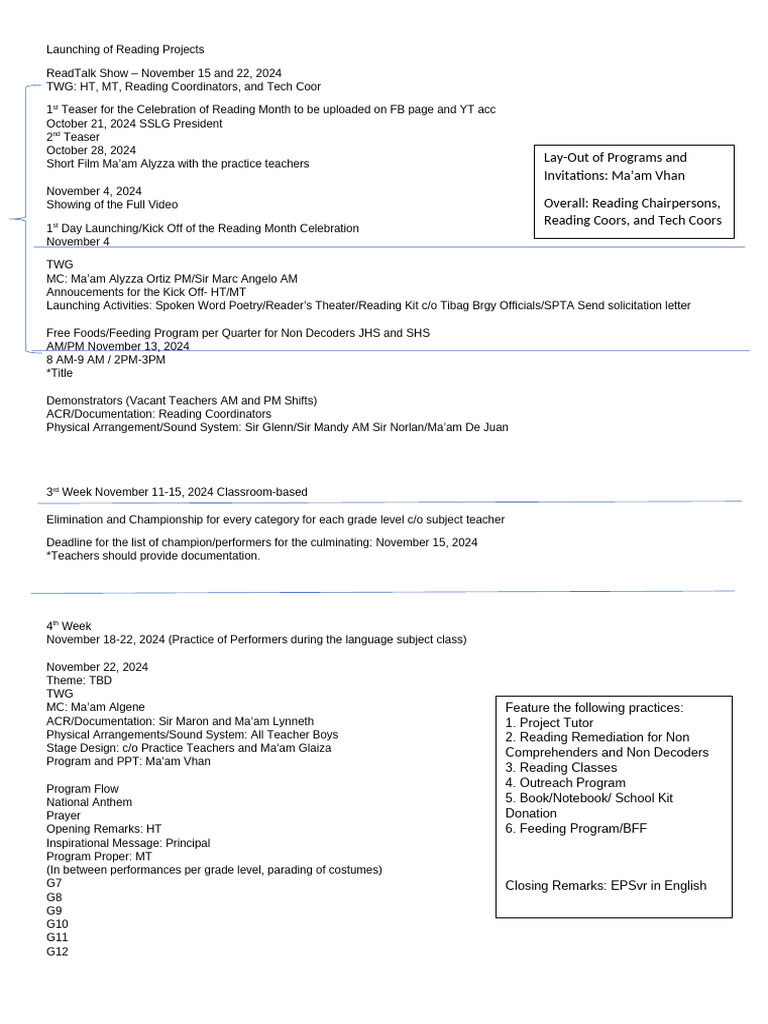 Plan of Activities For The Reading Month Celebration in November | PDF