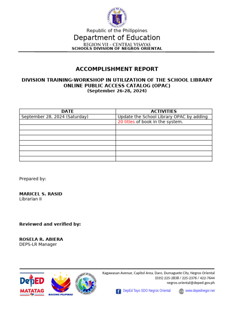 Accomplishment Report For Service Credits OPAC Sept 2024 | PDF