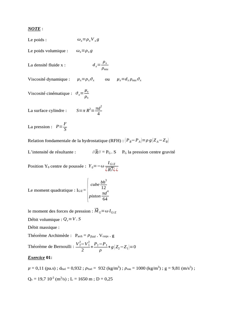 Calculs de mécanique des fluides et hydrostatique | PDF | Pression ...