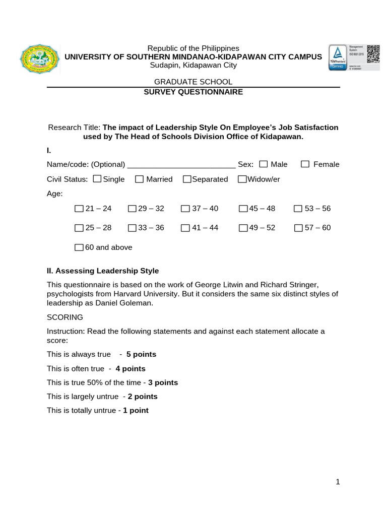 Leadership Style and Job Satisfaction Survey | PDF | Leadership | Job ...
