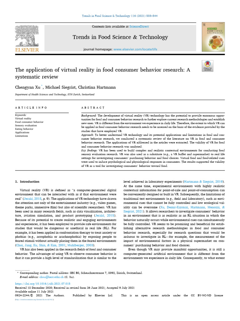 Application of Virtual Reality in Food Consumer Behavior Research | PDF ...