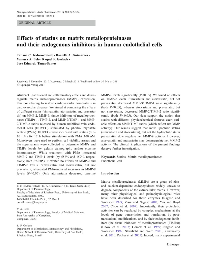 Statins Impact on MMPs in Endothelial Cells | PDF | Cell Biology ...