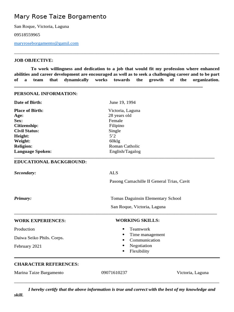 Mary Rose Borgamento Resume | PDF | Career & Growth