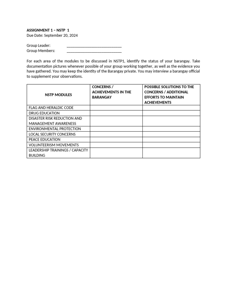 NSTP 1 Barangay Assessment Guide | PDF | Career & Growth