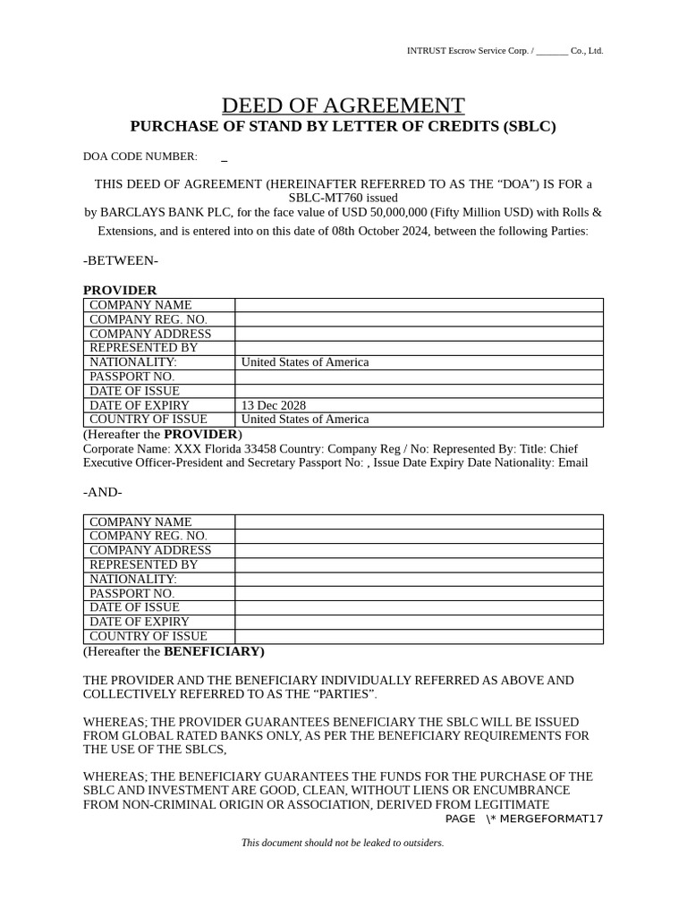 DOA for $50M SBLC Agreement | PDF | Letter Of Credit | Arbitration