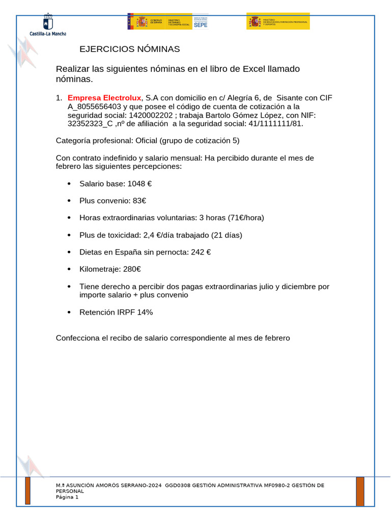 Ejercicios Prácticos de Nóminas en Excel | PDF | Salario | Economias