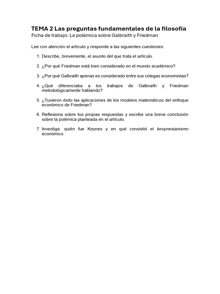 Ficha de Trabajo GALBRAITH y FRIEDMAN | PDF | Crecimiento personal y ...