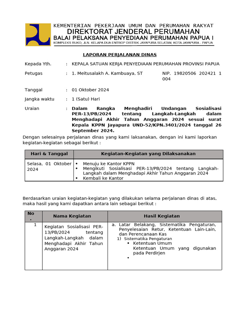 Laporan Perjadin 01 Oktober 2024 Kota Jayapura | PDF | Pengelolaan ...