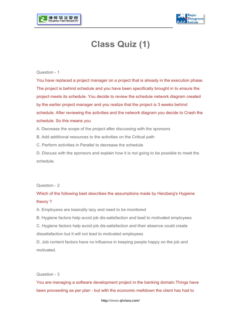 Project Management Quiz Questions | PDF | Business