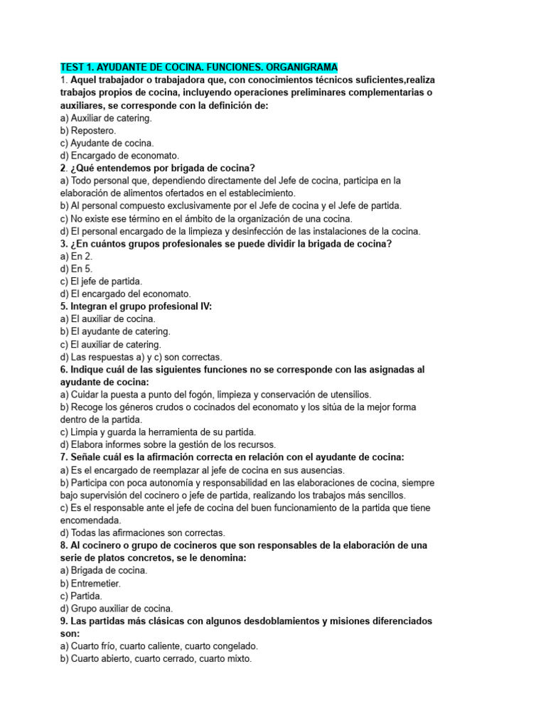 Test Ayudante de Cocina: Funciones y Estructura | PDF | Cuchillo ...