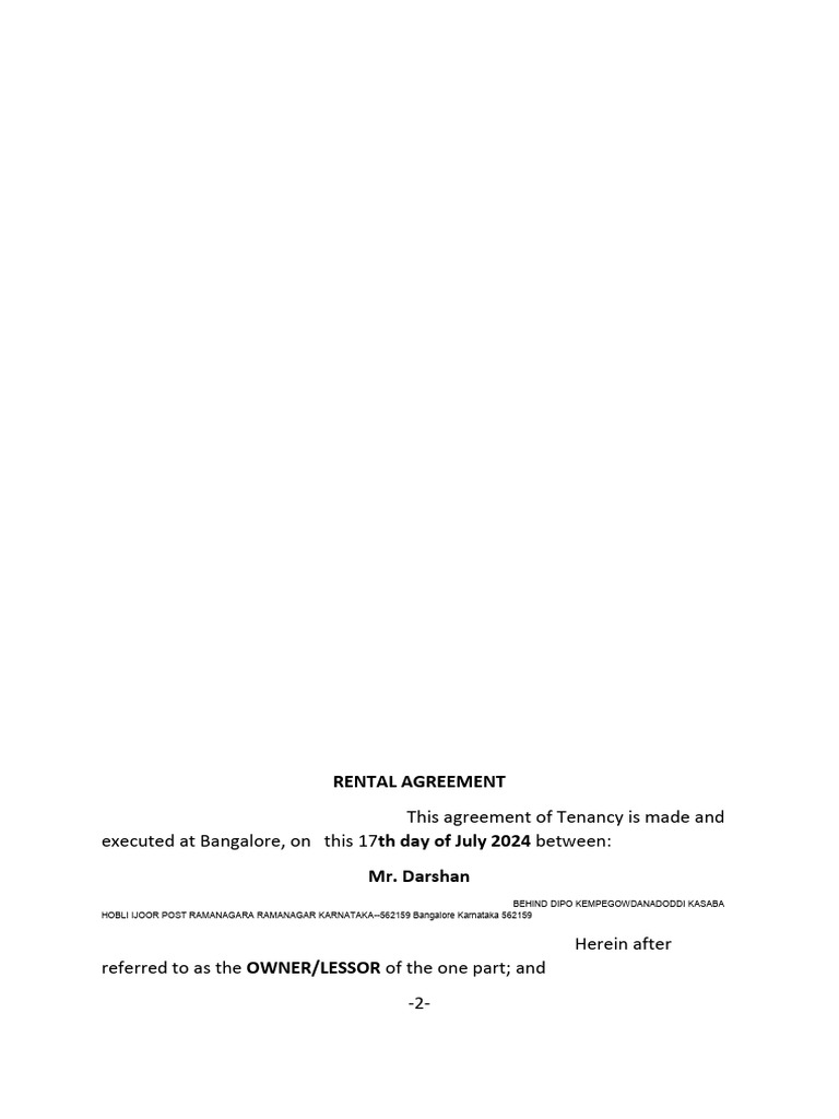 Bangalore Residential Rental Agreement | PDF | Lease | Common Law