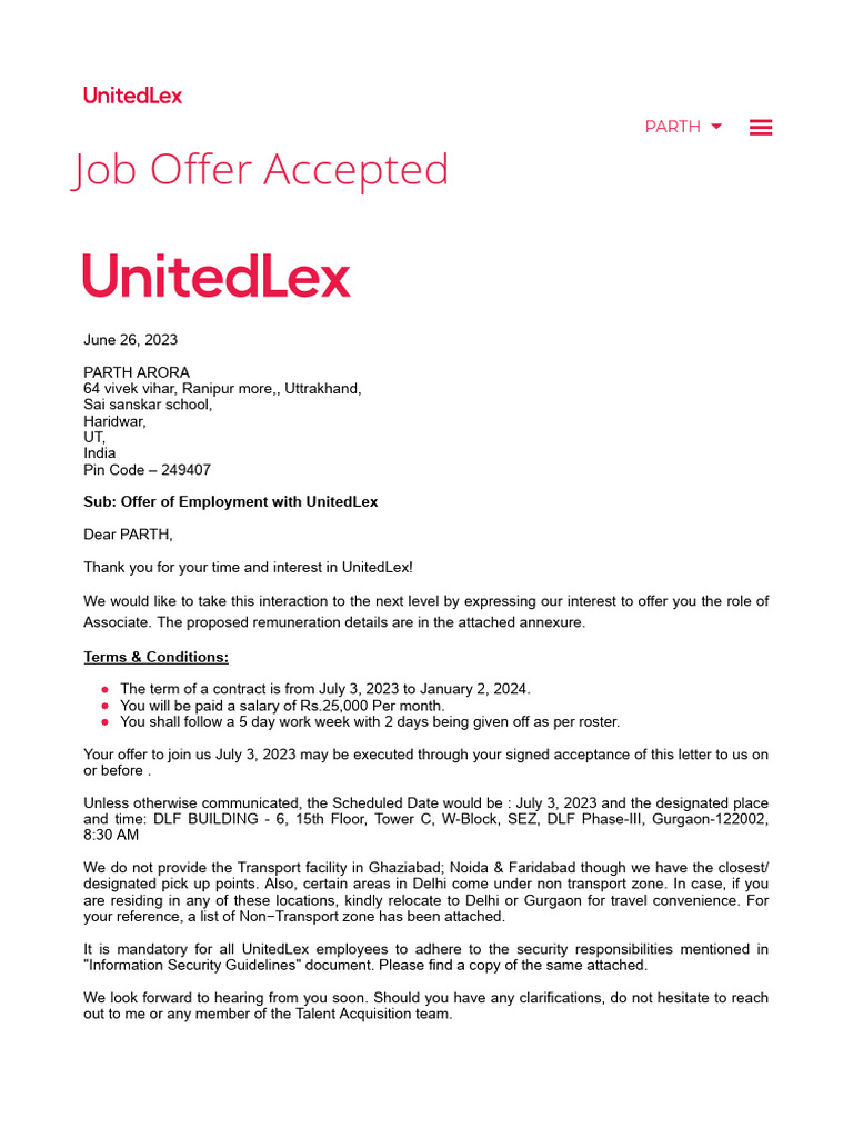 UnitedLex Job Offer for Parth Arora | PDF | Common Law | Justice