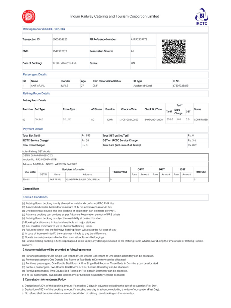 IRCTC Retiring Room | PDF | Taxation | Government Finances