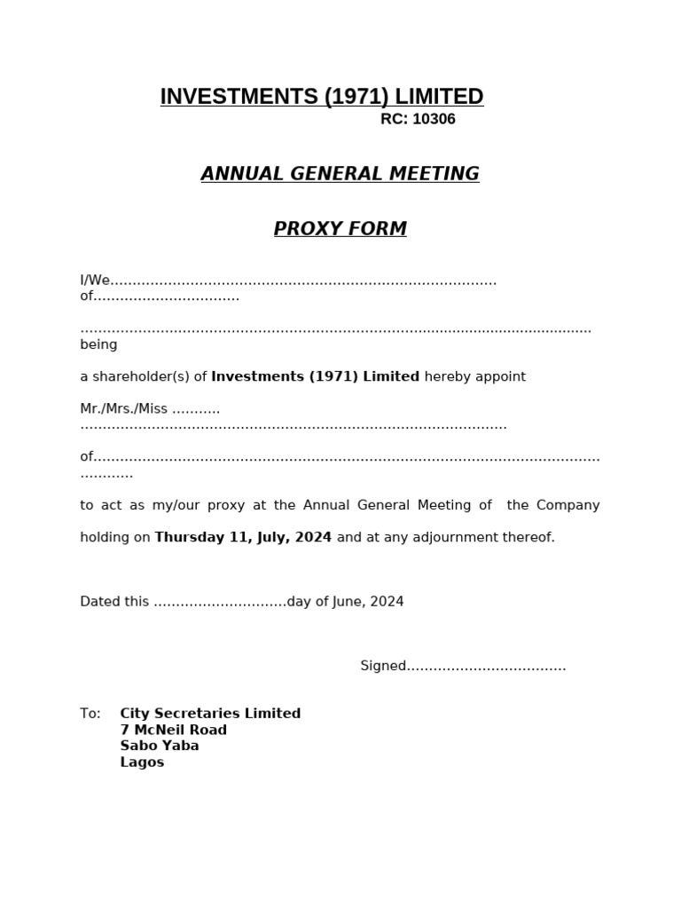 Investments (1971) LTD - Proxy Form | PDF | Business | Finance & Money ...