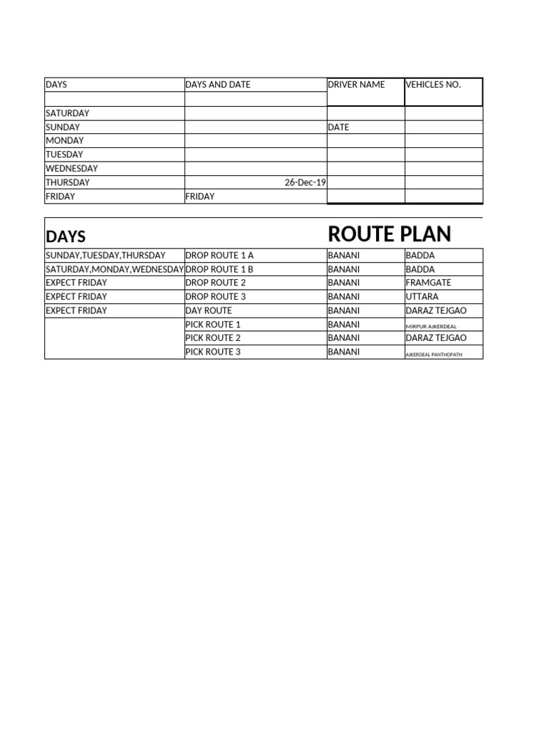 Weekly Driver Route Schedule | PDF