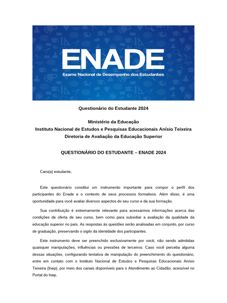 Questionário Estudante ENADE 2024 | PDF | Bem-estar | Estilo de vida