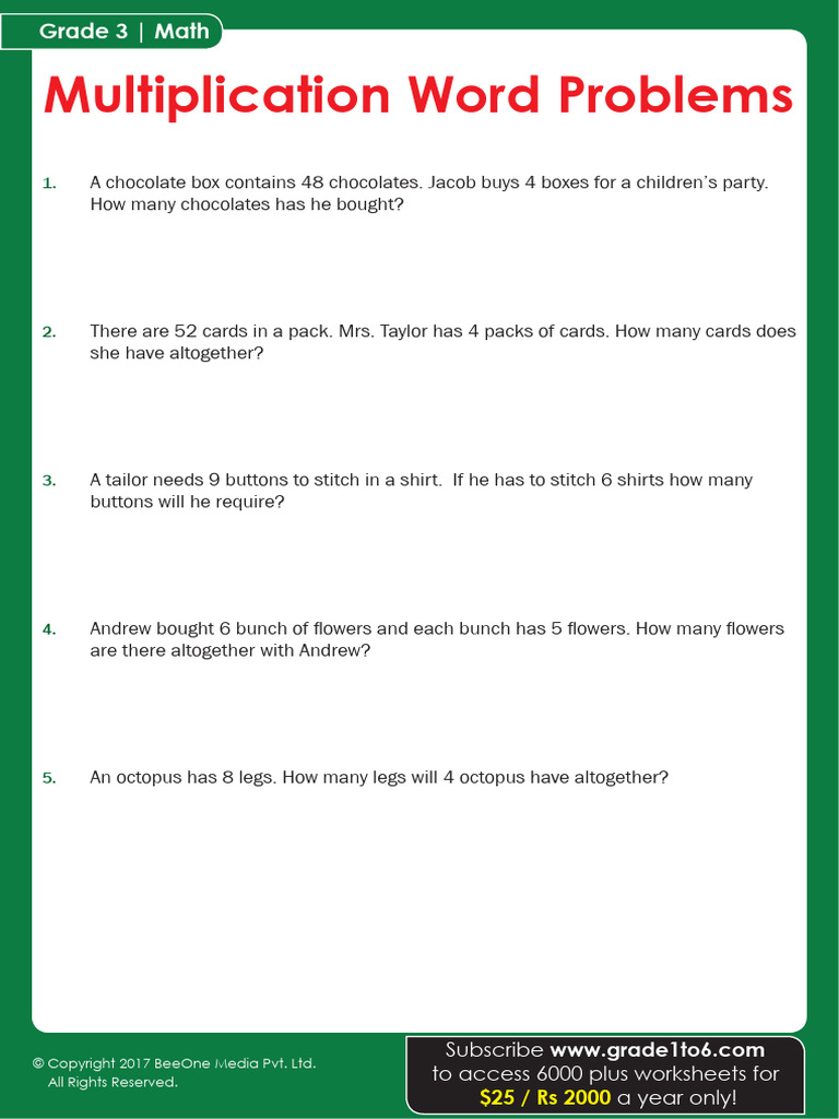 Grade 3 Multiplication Problems | PDF