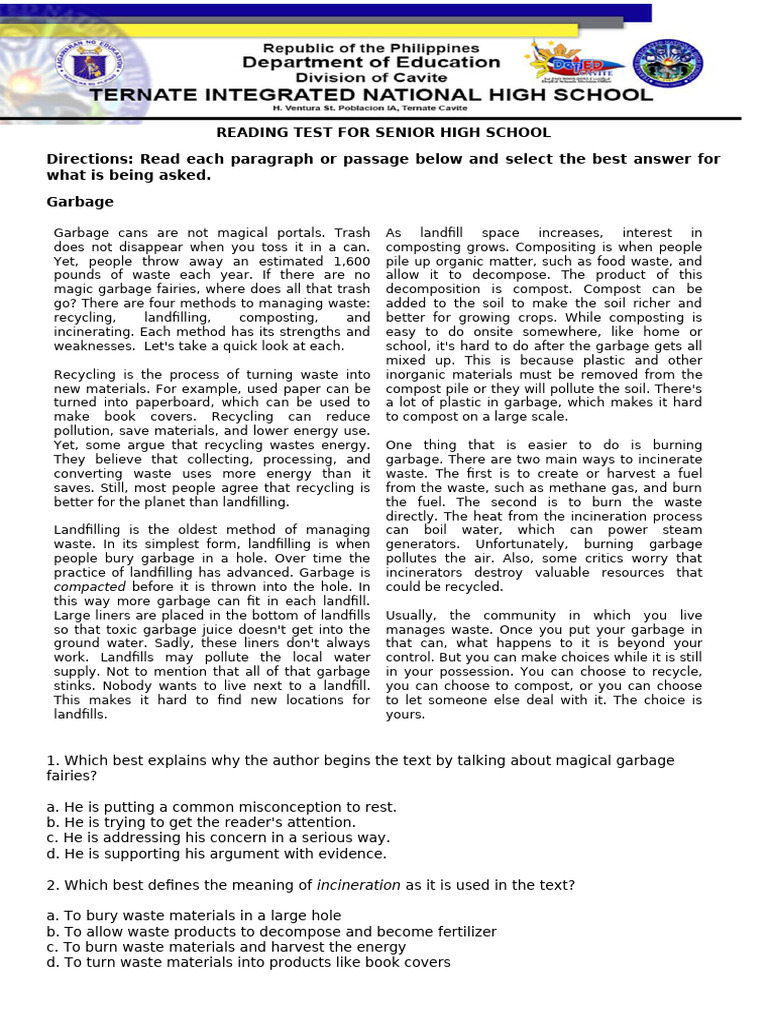 Reading Test For Senior High School | PDF | Waste | Fat