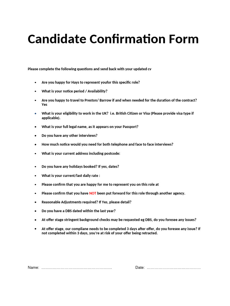 Candidate Confirmation Checklist | PDF | Finance & Money Management | Law