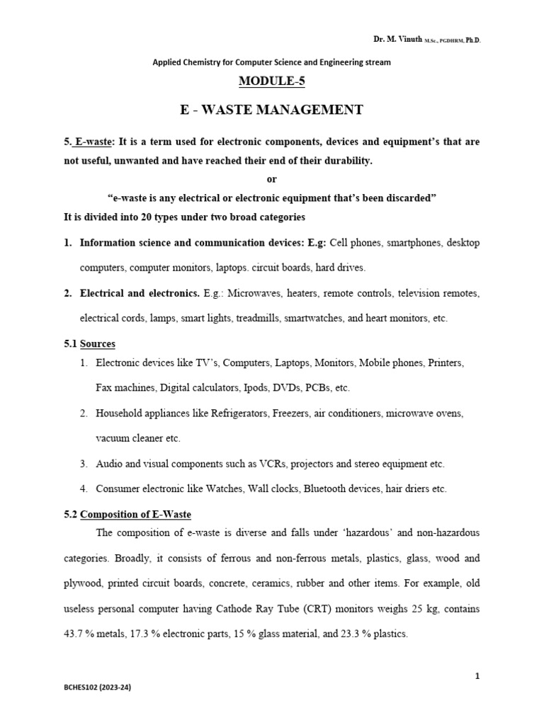 E - Waste Management (Module-5) .PDF 1 | PDF | Electronic Waste | Recycling
