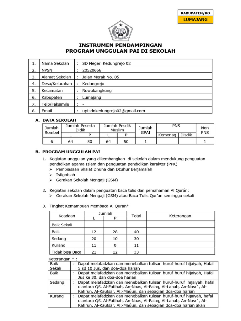 INSTRUMEN PENDAMPINGAN PROGRAM UNGGULAN PAI TH 2024 | PDF