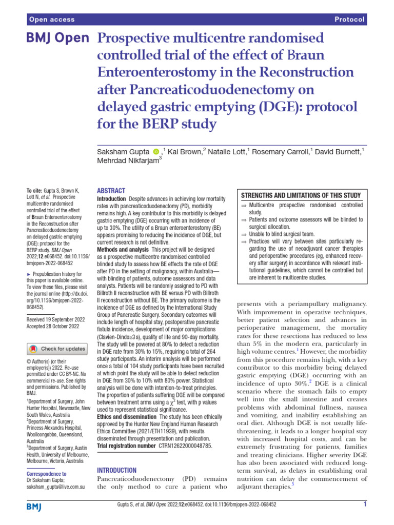 BERP Study: Braun Enteroenterostomy Trial | PDF | Randomized Controlled ...
