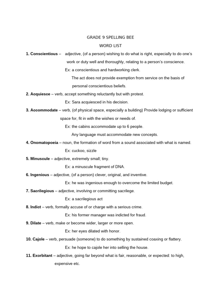 Grade 9 Spelling Bee Word List | PDF | Adjective | Noun