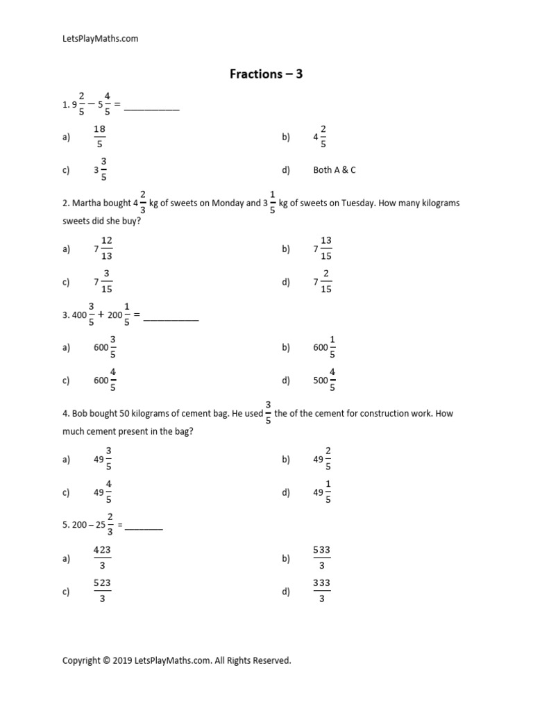 Math Practice: Fractions and Weights | PDF