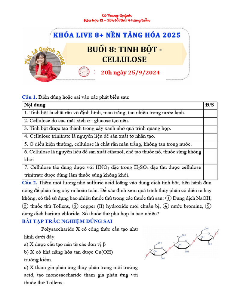 Bu I 8: Tinh B T - Cellulose: 20h Ngày 25/9/2024 | PDF