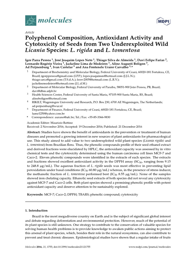 Polyphenol Composition, Antioxidant Activity and Cytotoxicity of Seeds ...