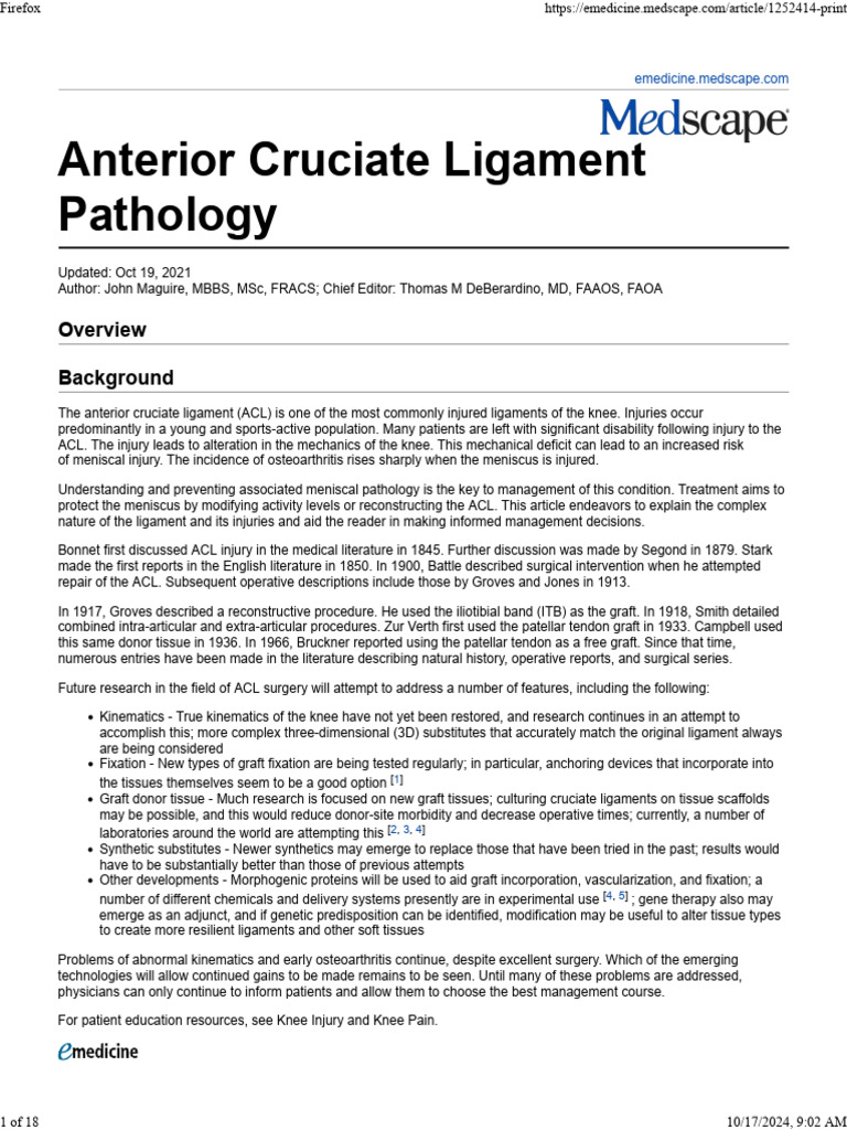 ACL Injury: Pathophysiology and Management | PDF | Knee ...