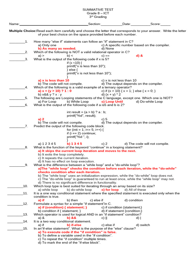 Grade 8 ICT C Programming Test | PDF | Computer Programming | Software ...