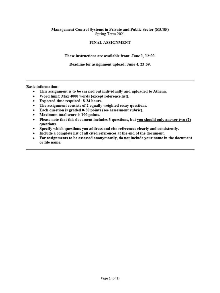 Management Control Systems Assignment Guide | PDF