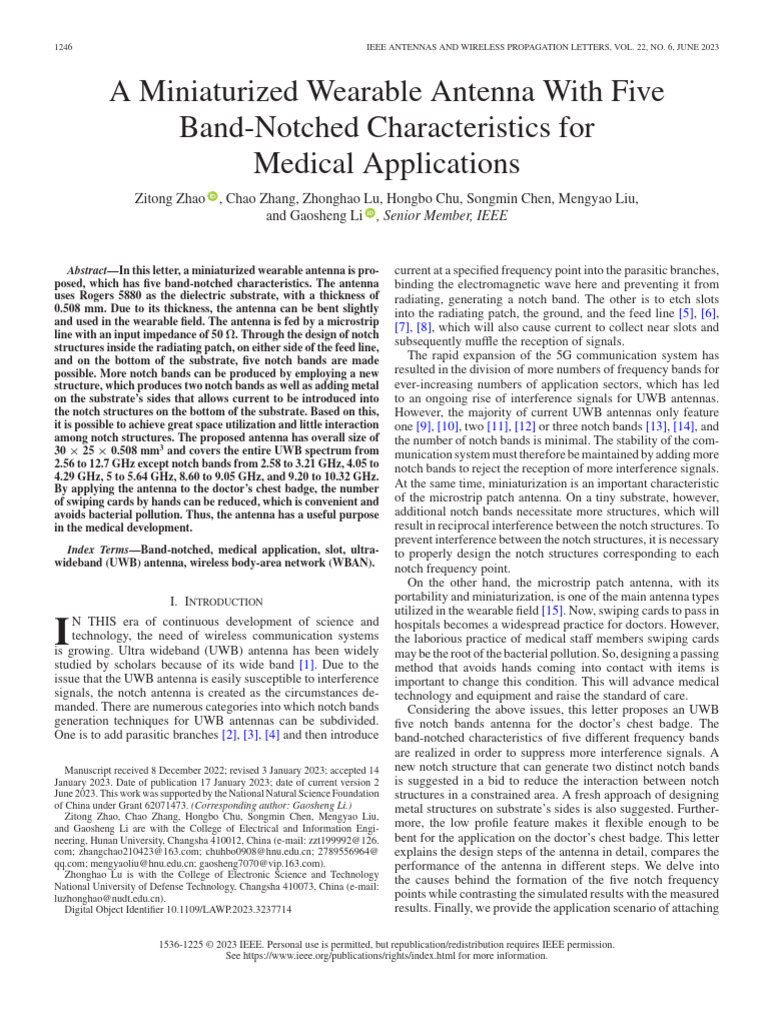 A Miniaturized Wearable Antenna With Five Band-Notched Characteristics ...