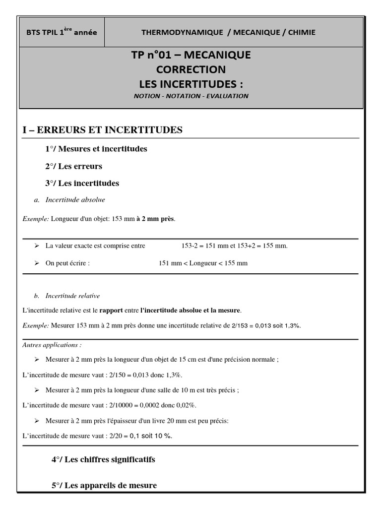 Correction TP sur les Incertitudes | PDF