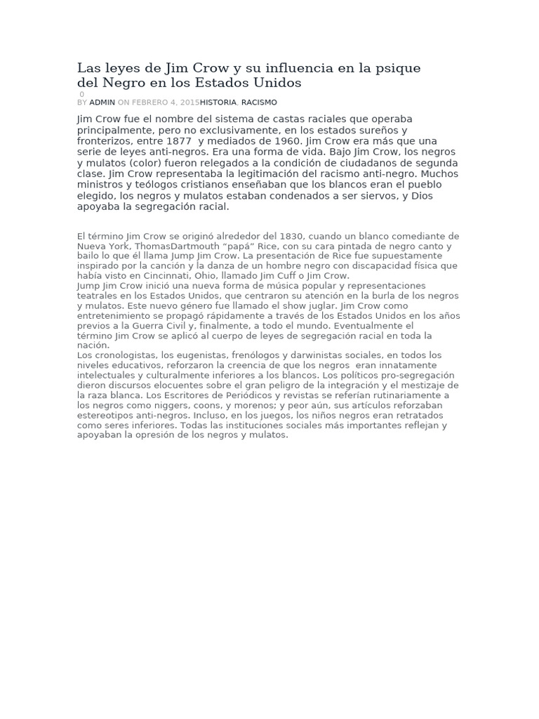 Las Leyes de Jim Crow y Su Influencia en La Psiqui Del Negro en Los ...